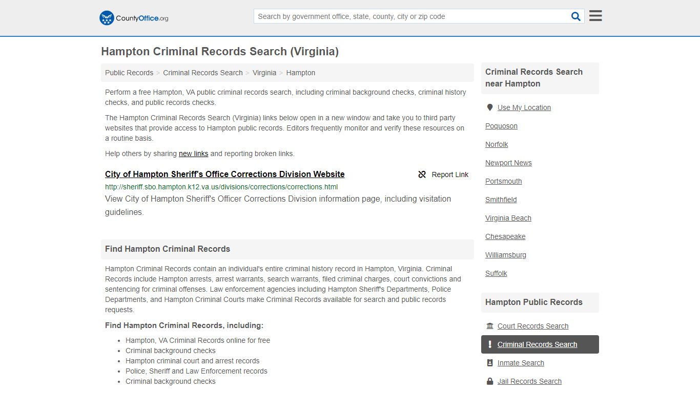 Hampton Criminal Records Search (Virginia) - County Office
